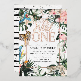 Tropische Chic | Roze Wild One Verjaardagsfeestje Folie Uitnodiging