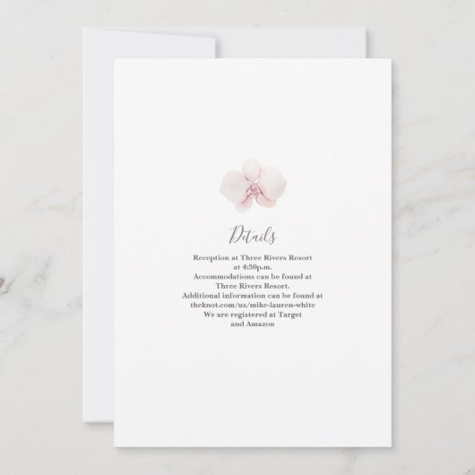 Tropische chique blush roze orchideeën bruiloft kaart (Achterkant)