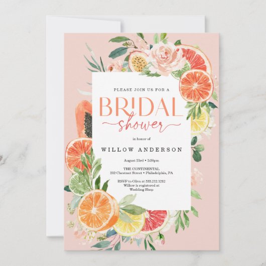 Tropische Citrus Bridal Shower Invitation Lemon Kaart (Voorkant)