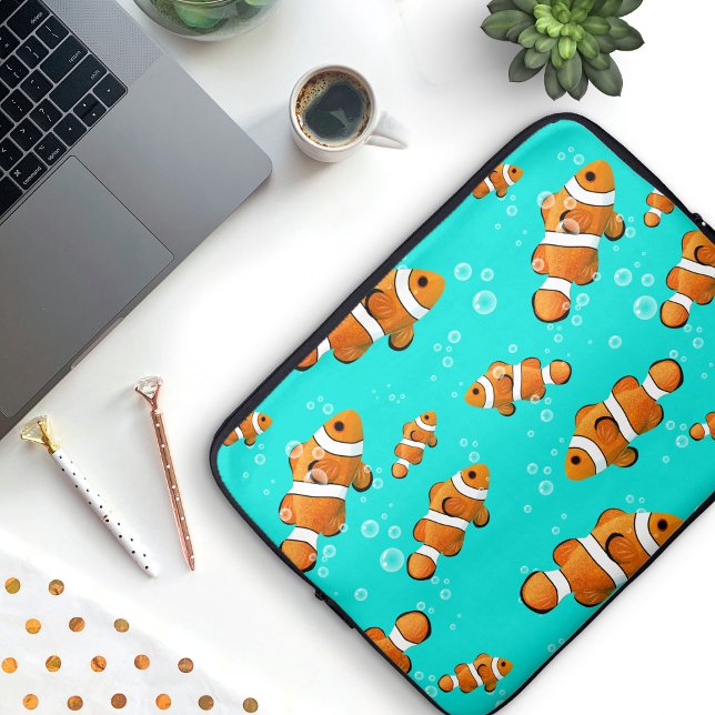 Tropische Clownfish & Bubbles Patroon Laptop Sleeve (Tropical Clownfish Pattern Laptop Sleeve)