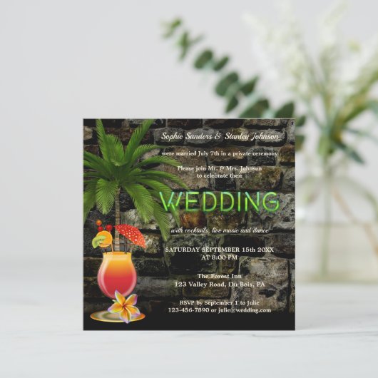 Tropische cocktail Party neon na bruiloft Kaart (Staand voorkant)