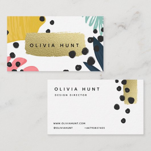 Tropische collage en gouden metalen look visitekaartje (Voorkant / Achterkant)