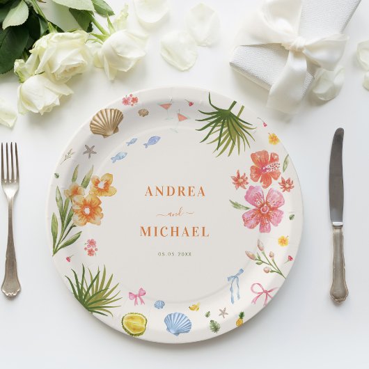 Tropische Coquette Seashells Bows Palm Tree Weddin Papieren Bordje