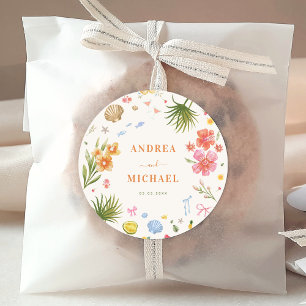 Tropische Coquette Seashells Bows Palm Tree Weddin Ronde Sticker