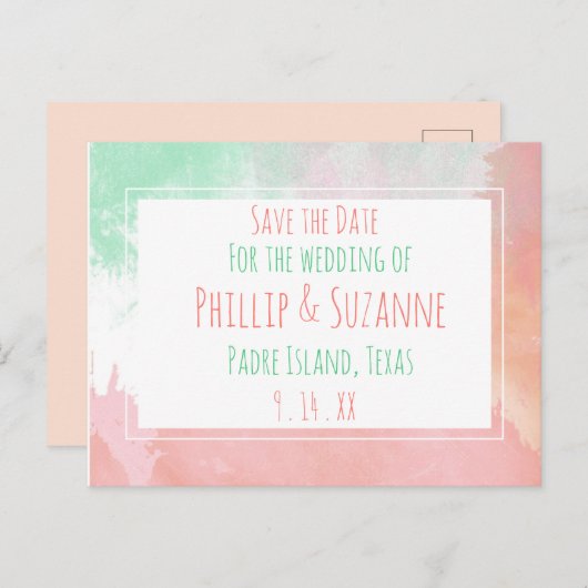 Tropische Coral Neo Munt Waterverf sparen de Datum Aankondigingskaart (Voorkant / Achterkant)