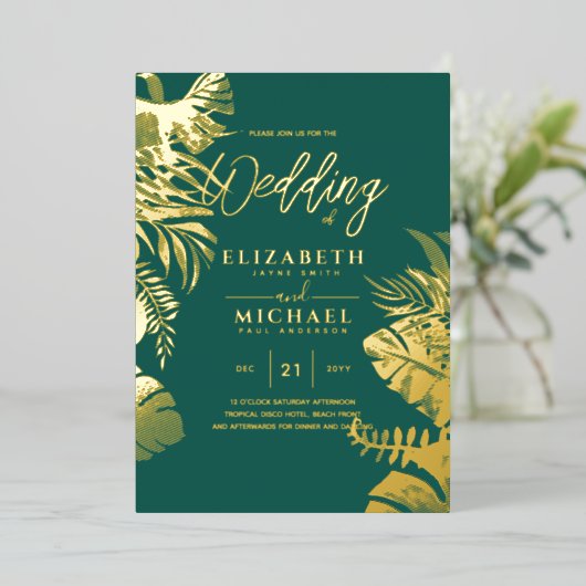 Tropische Disco Trouw Uitnodiging Goud Teal Groen  (Staand Voorkant)