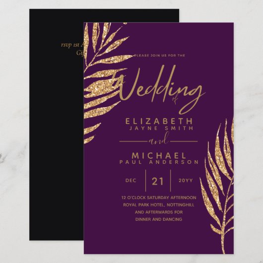 Tropische Disco Wedding Invitation Gold Leaves (Voorkant / Achterkant)