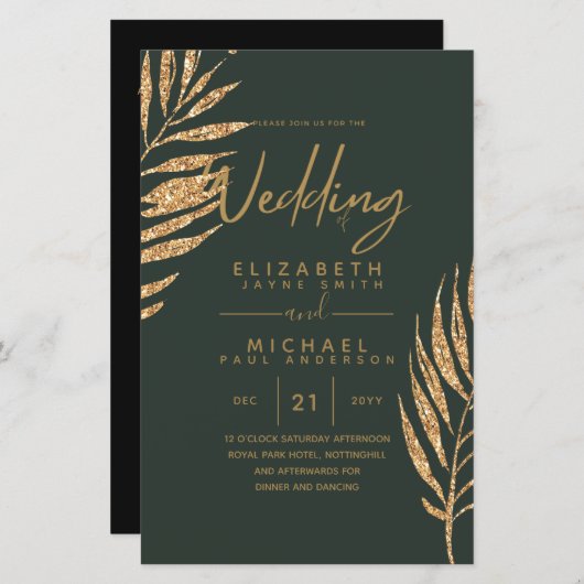 Tropische Disco Wedding Invitation Gold Leaves (Voorkant / Achterkant)