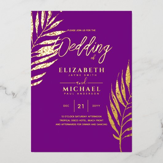 Tropische Disco Wedding Invitation Gold Magenta Folie Uitnodiging (Voorkant)