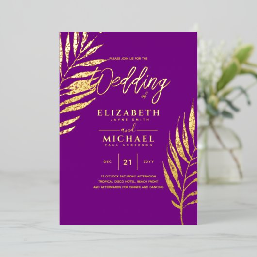 Tropische Disco Wedding Invitation Gold Magenta Folie Uitnodiging (Staand Voorkant)