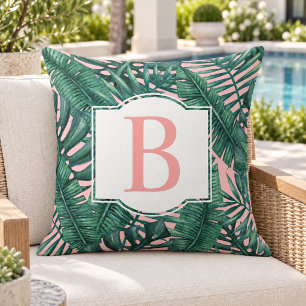 Tropische donkere palmblad blozende monogram initi buitenkussen