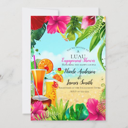 Tropische Drinken & Flowers Summer Luau Verloving Kaart (Voorkant)