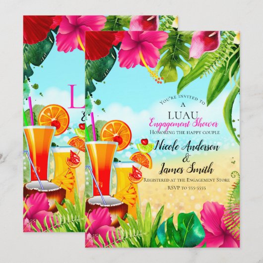 Tropische Drinken & Flowers Summer Luau Verloving Kaart (Voorkant / Achterkant)