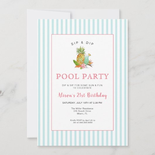 Tropische drinken Pool party Birthday Invitation Kaart (Voorkant)