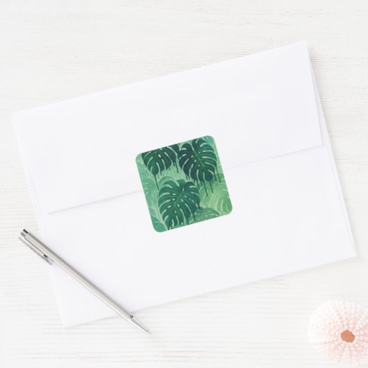 Tropische Drip - Monstera verlaat Waterverf Oerwou Vierkante Sticker (Envelop)
