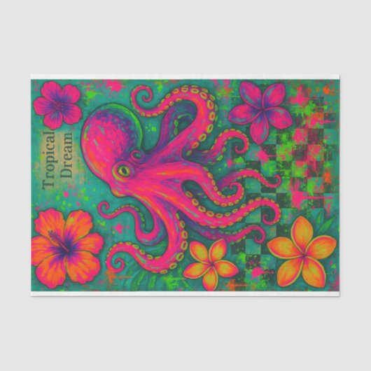 Tropische droom - Neon Octopus Decoupage Papier | (Voorkant)