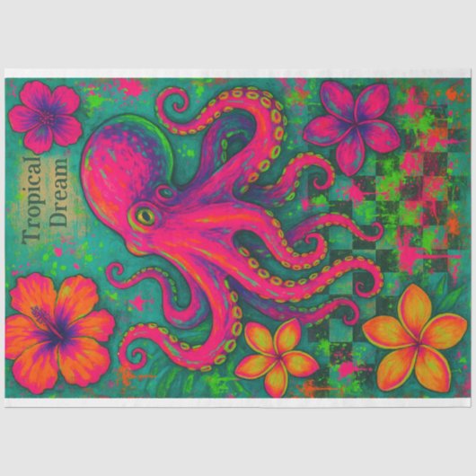 Tropische droom - Neon Octopus Decoupage Papier | (Voorkant)