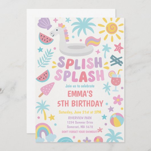 Tropische Eenhoorn Splish Splash Verjaardagsfeest Kaart (Voorkant / Achterkant)