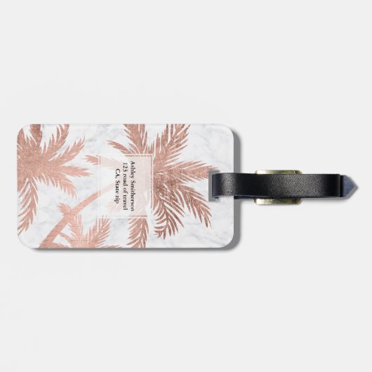 Tropische, eenvoudige roos goudpalmen witte marmer bagagelabel (Achterkant horizontaal)