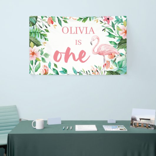 Tropische eerste verjaardag luau flamingos spandoek (Beurs)