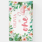 Tropische eerste verjaardag luau flamingos spandoek (Verticaal)