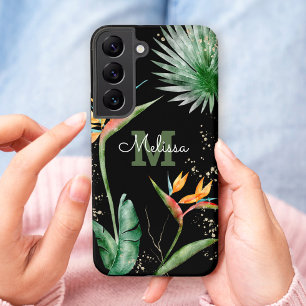 Tropische eilanden Floral Monogram Script Gold Bla Samsung Galaxy Hoesje