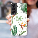 Tropische eilanden Floral Monogram Script White Go Samsung Galaxy Hoesje<br><div class="desc">Verbluffende, verfijnde, kleurrijke, tropische waterverf vogels van paradijse bloemen, faux goudglitter en gepersonaliseerd kalligrafiescript met een vet monogram initiaal, leggen een stijlvolle, luchtige witte achtergrond op deze stijlvolle, elegante, moderne mobiele telefoonbehuizing. Personaliseer met jouw naam en monogram. Maakt elke keer dat je het gebruikt een leuke en stijlvolle uitspraak. Een...</div>