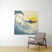 Tropische eilandgolf en surfer bij zonsondergang wandkleed (In situ)