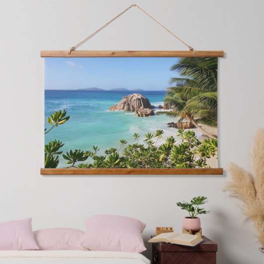 Tropische eilandstrand Rocks Palm Trees Hangend Wandkleed (Slaapkamer)