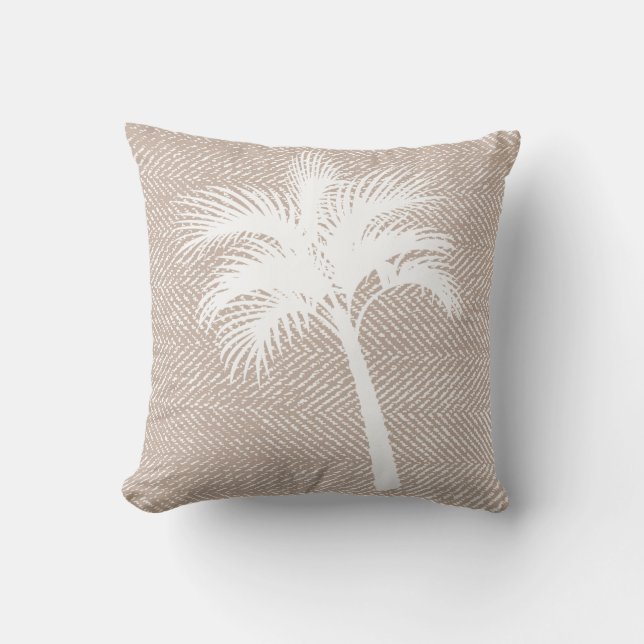 Tropische elegant Taupe Herringbone & Palm Tree Kussen (Voorkant)