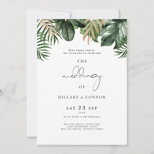 Tropische elegante huwelijksuitnodiging met foto kaart (Voorkant)