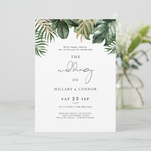 Tropische elegante huwelijksuitnodiging met foto kaart (Staand voorkant)