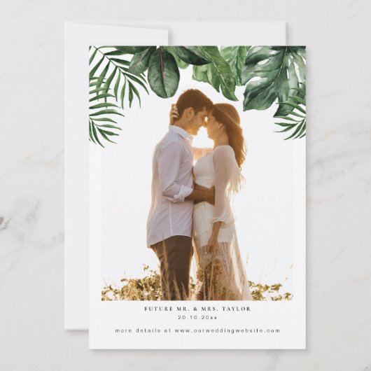 Tropische elegante huwelijksuitnodiging met foto kaart (Achterkant)
