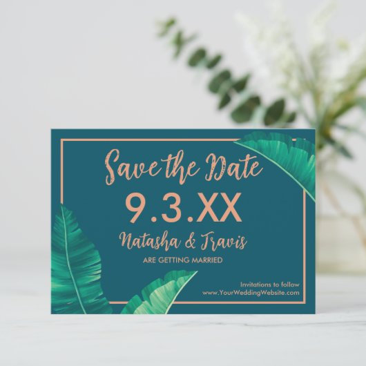 Tropische elegante palmbladeren save the date (Staand voorkant)