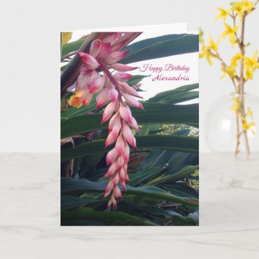 Tropische elegante roze bloemen afgelopen dag kaart (Gele Bloem)