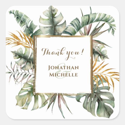 Tropische elegante Waterverf Palms Dank u Vierkante Sticker (Voorkant)