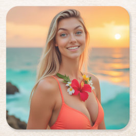 Tropische elegantie: Helena's Bikini-fotoshoot Kartonnen Onderzetters