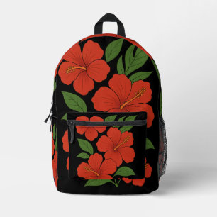 Tropische Elegantie Rode Hibiscus op Zwart Bedrukte Rugzak