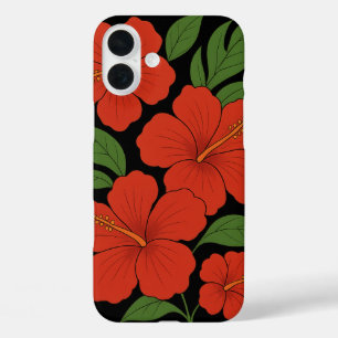 Tropische elegantie rode hibiscus op zwart iPhone 16 plus hoesje