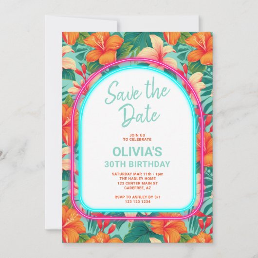 Tropische Elektrische Neon Verjaardag Save The Date (Voorkant)