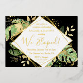 Tropische Elopement Trouwreceptie Zwart & Goud Folie Uitnodiging (Voorkant)