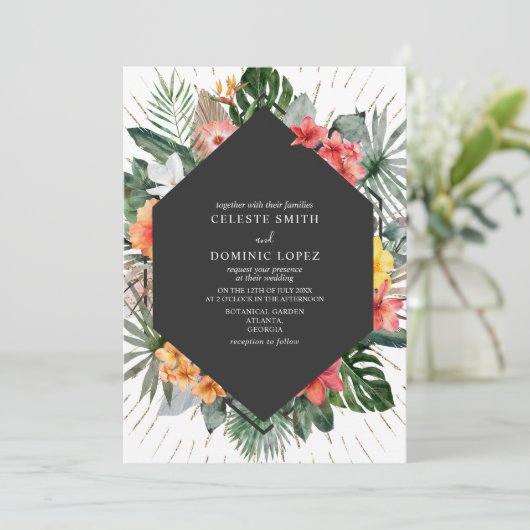 Tropische en goudbotanische Floral Weddenschap Kaart (Staand voorkant)