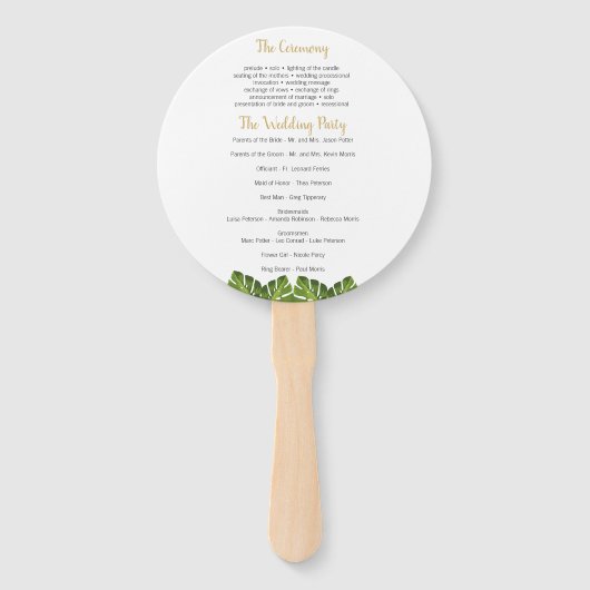 Tropische en gouden ronde bruiloft programma fan handwaaier (Achterkant)