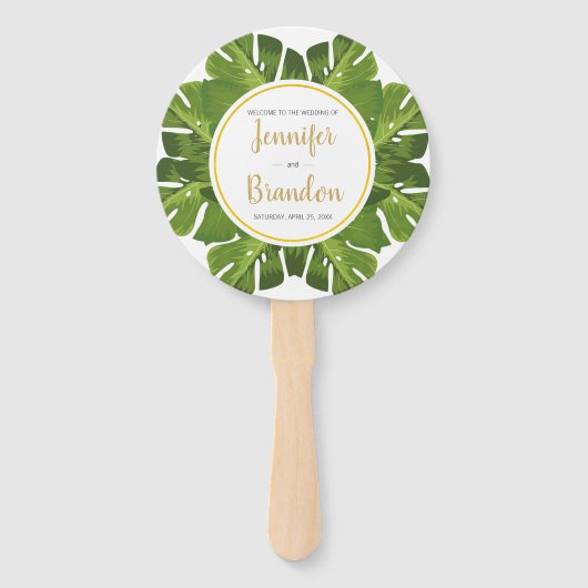 Tropische en gouden ronde bruiloft programma fan handwaaier (Voorkant)