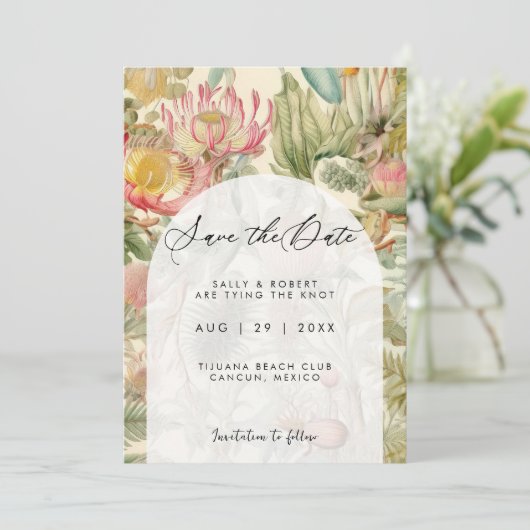 Tropische exotische bloemblaadjes bewaren de datum bedankkaart (Staand voorkant)