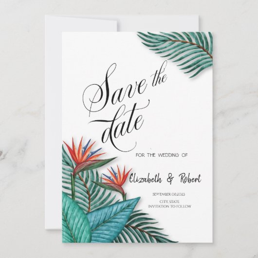 Tropische exotische bloemen bewaren de datum save the date (Voorkant)