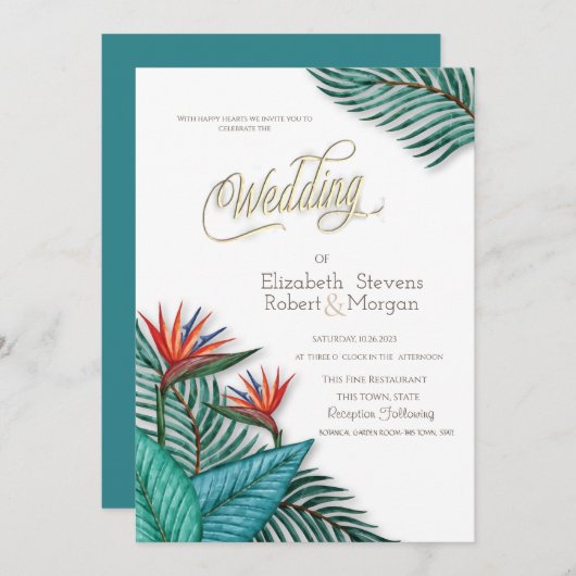 Tropische exotische bloemen bruiloft kaart (Voorkant / Achterkant)