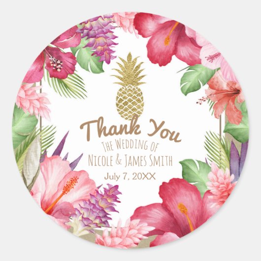 Tropische Exotische Bloemen & Gouden Ananas Elegan Ronde Sticker (Voorkant)