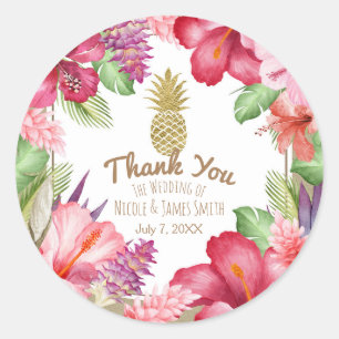 Tropische Exotische Bloemen & Gouden Ananas Elegan Ronde Sticker
