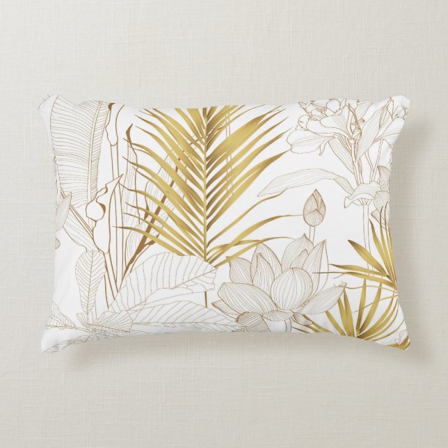 Tropische exotische bloemlijn gouden palmbladeren  accent kussen (Voorkant)